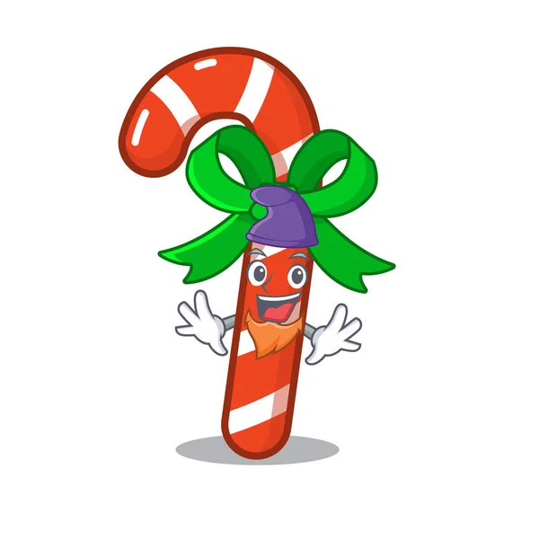 Elf mascotte Candy Cane in Cartoon potten — Stockvector