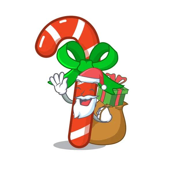 Papai Noel com presente de cana-de-açúcar acima da mesa de mascote — Vetor de Stock