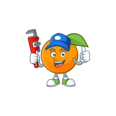 Beyaz arka planda Tesisatçı turuncu meyve karikatür maskotu.