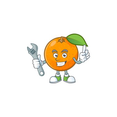Beyaz arka plan üzerinde Mekanik turuncu meyve karikatür maskotu.