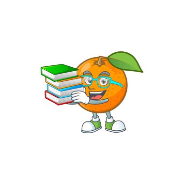 Beyaz arka plan üzerinde kitap turuncu meyve karikatür maskot ile Öğrenci.