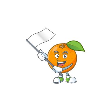 Beyaz arka planda bayrak turuncu meyve karikatür maskotu ile.