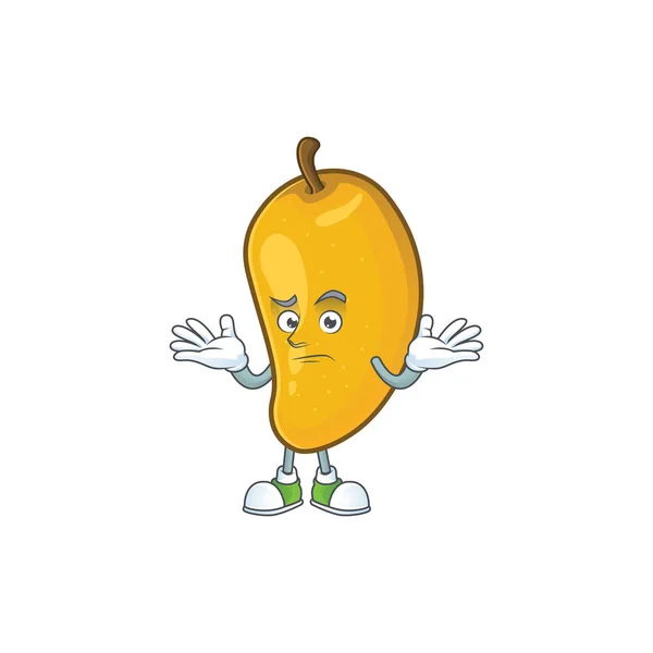 Grinning cartoon of mango character on a white background.