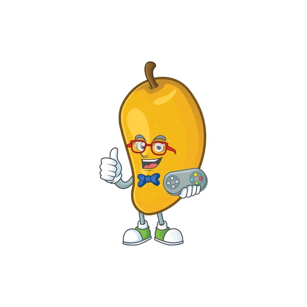 Gamer personaje mango fruta con la mascota de dibujos animados — Vector de stock