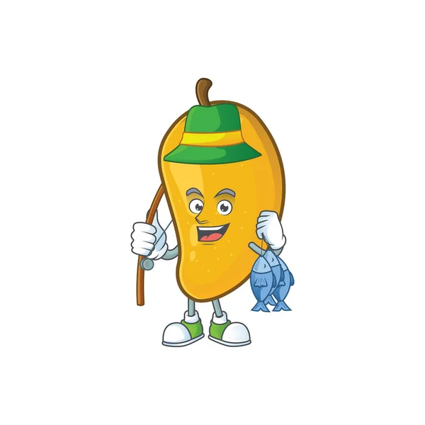 Personaggio di pesca mango frutta con mascotte cartone animato — Vettoriale Stock