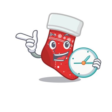 Maskot izole saat noel çorap ile