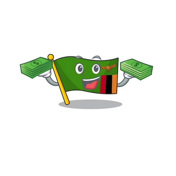 Com dinheiro saco bandeira zâmbia desenho animado içado no pólo — Vetor de Stock
