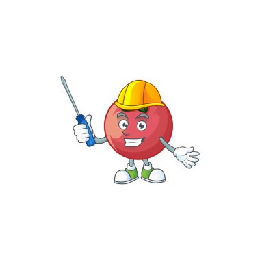 Beyaz arka planda otomotiv kadife elma maskotu.