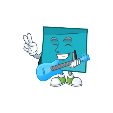 Beyaz arka plan üzerinde gitar mavi dikdörtgen etiket kağıt ile.