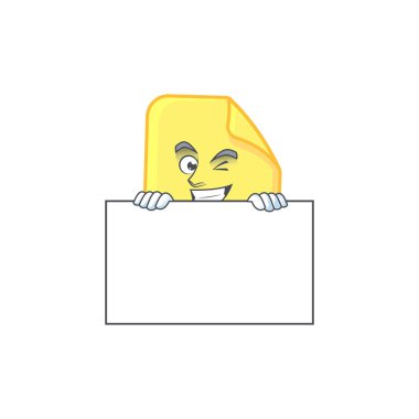 Maskot ile tahta yuvarlak etiket kağıt karikatür ile Grinning
