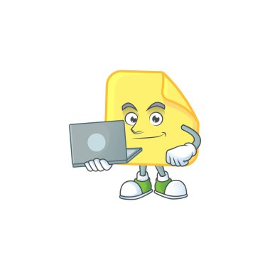 Maskot ile dizüstü yuvarlak etiket kağıt karikatür ile