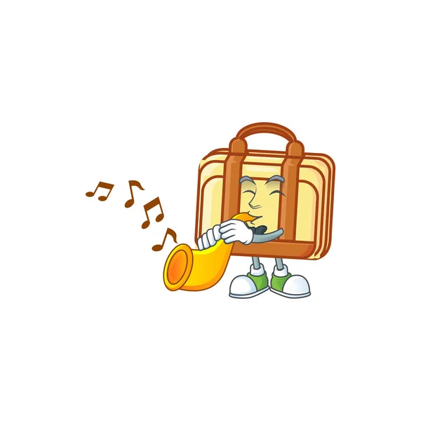 With trumpet work suitcase cartoon character with mascot — Stock Vector