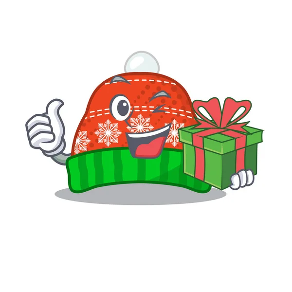 Avec chapeau d'hiver cadeau dans un sac de dessin animé — Image vectorielle