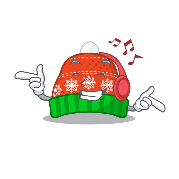 Ouvindo música chapéu de inverno em um saco de desenhos animados — Vetor de Stock
