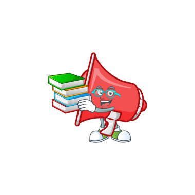 Karikatür maskot tarzı ile kitap kırmızı hoparlör ile Öğrenci