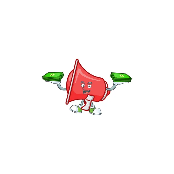 With money bag red loudspeaker mascot on white background — Stock Vector