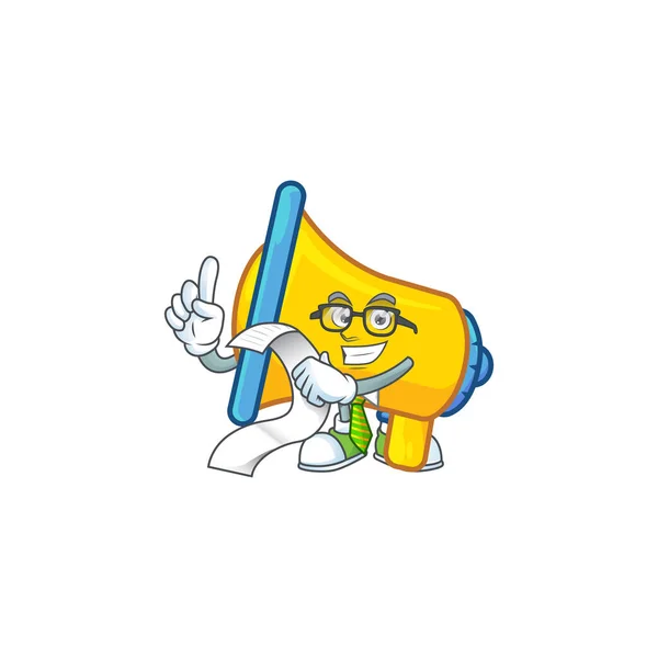 Com menu amarelo mascote alto-falante no fundo branco — Vetor de Stock