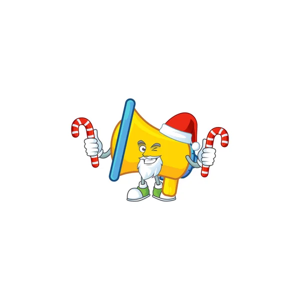 Santa con caramelo amarillo personaje de dibujos animados altavoz con mascota — Vector de stock