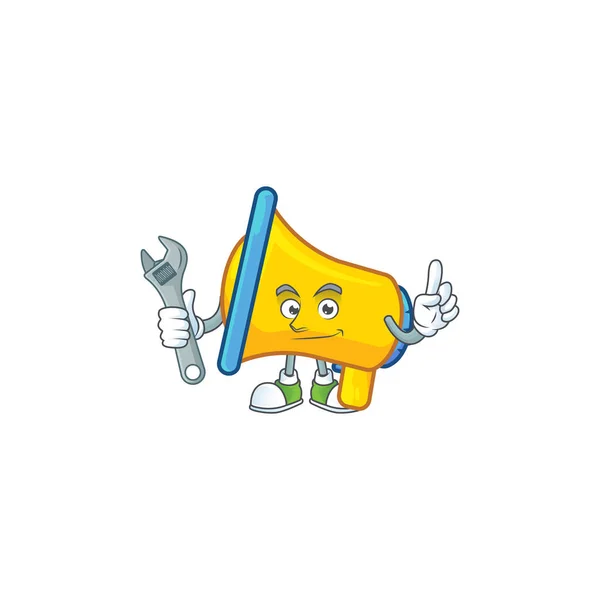 Monteur Yellow speaker cartoon karakter met mascotte — Stockvector