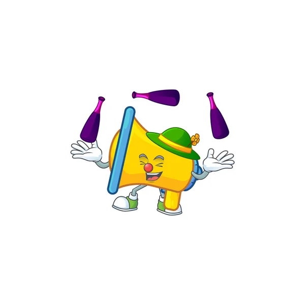 Malabarismo personaje de dibujos animados altavoz amarillo con la mascota — Vector de stock