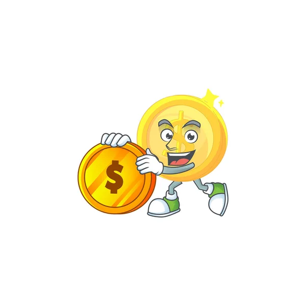 Traga moeda de ouro desenho animado personagem mascote estilo — Vetor de Stock