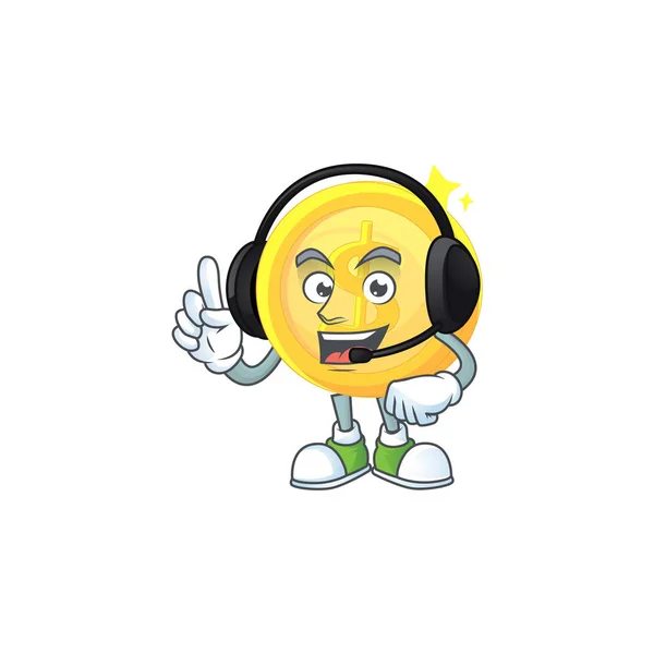 With headphone gold coin cartoon character mascot style — Stock Vector