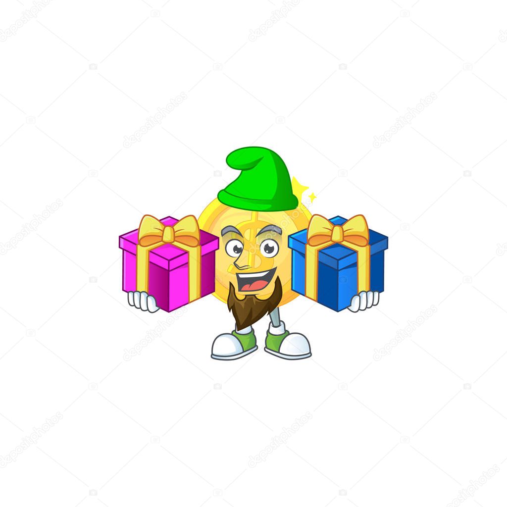 Bring two gifts gold coin cartoon character mascot style