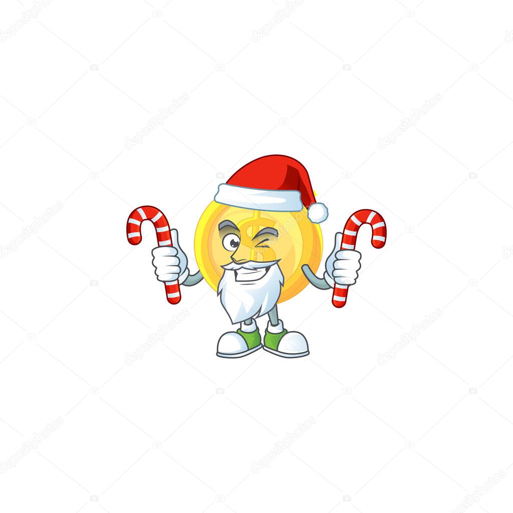 Santa with candy gold coin cartoon character mascot style