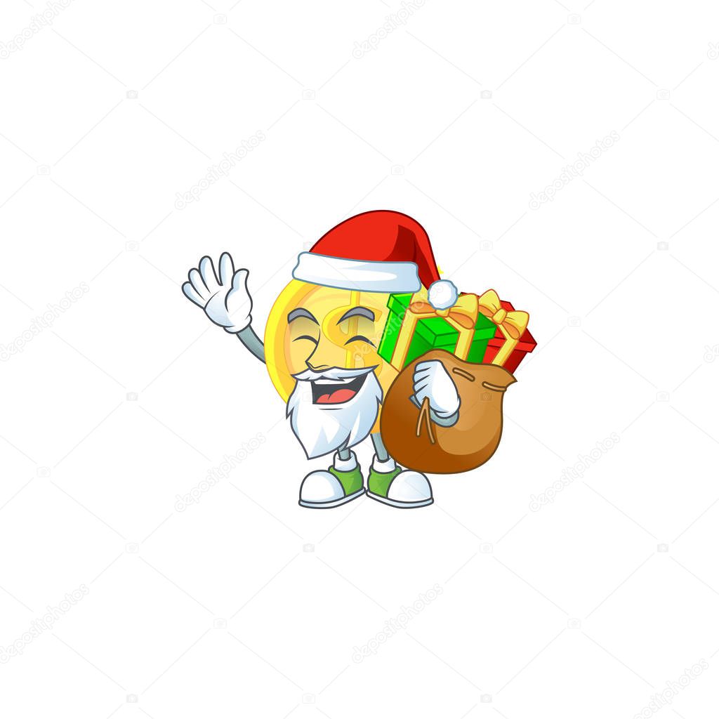 Santa with gift gold coin cartoon character mascot style