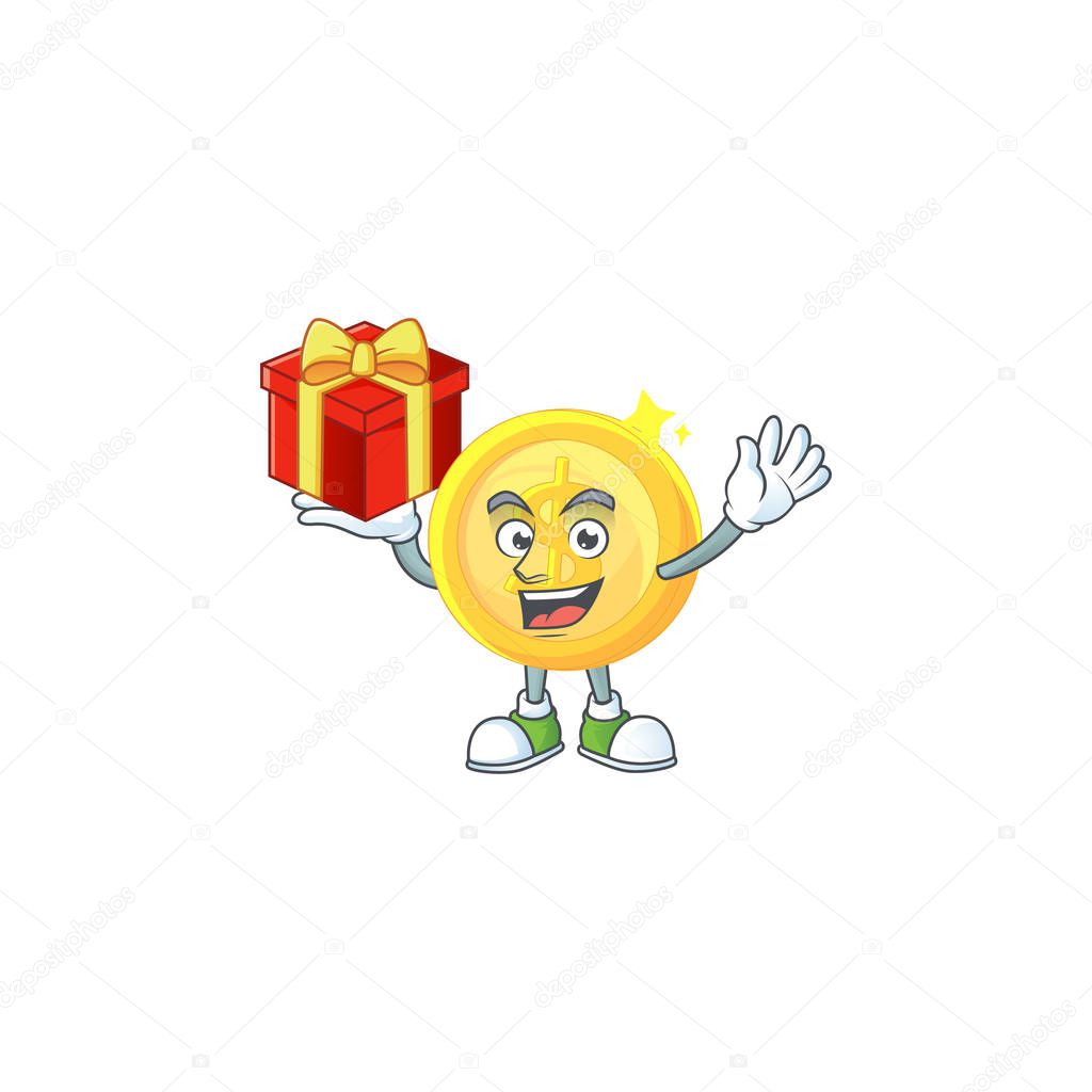 Bring gift gold coin cartoon character mascot style