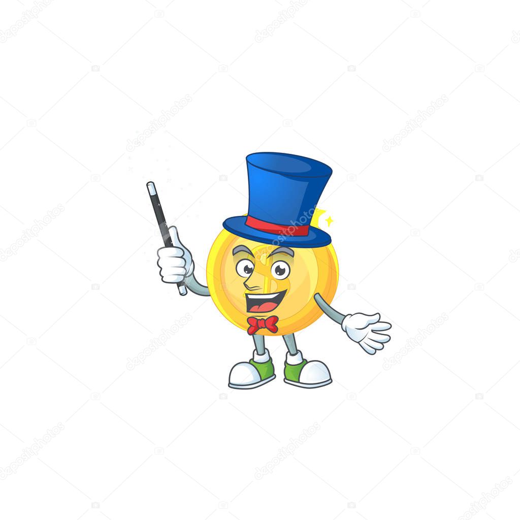 Magician gold coin cartoon character mascot style