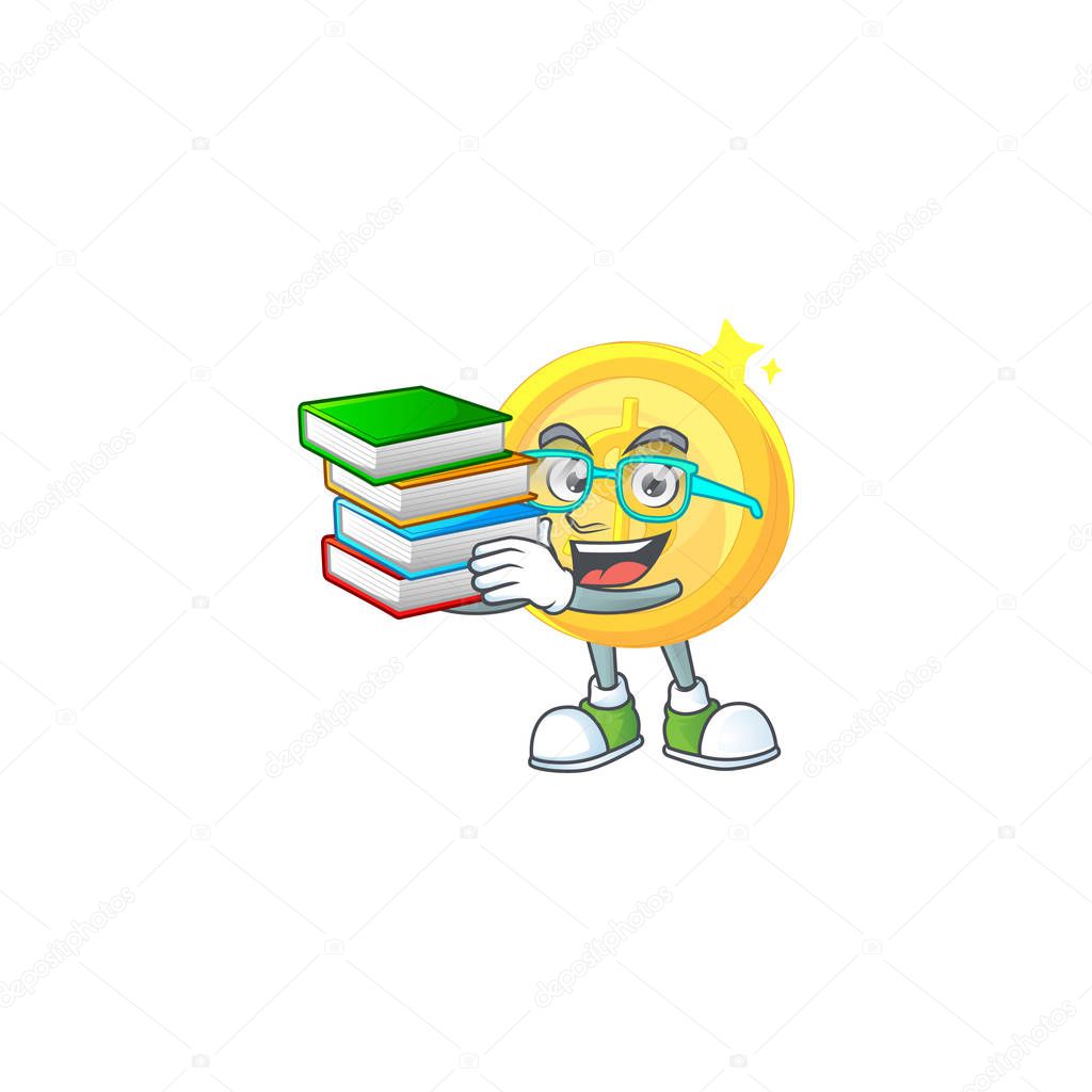 Student with book gold coin cartoon character mascot style