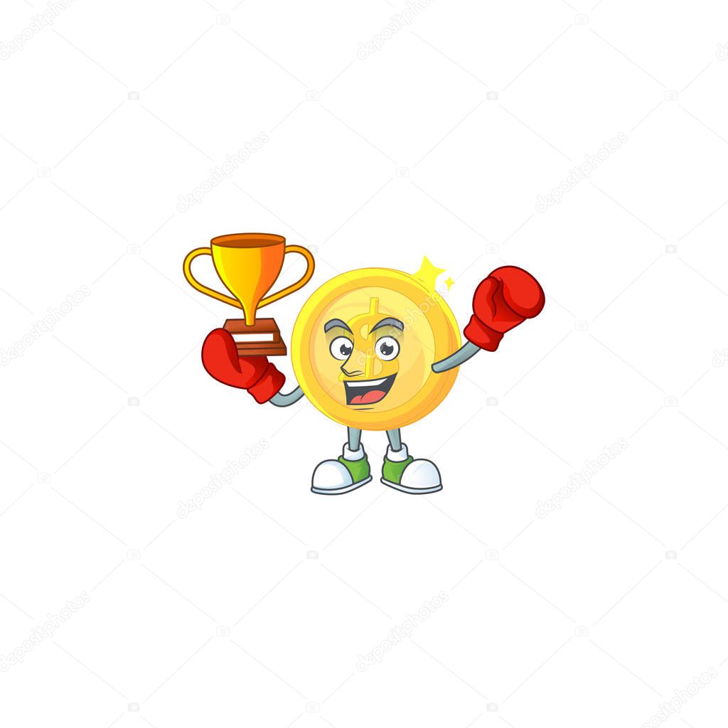 Boxing winner gold coin cartoon character mascot style