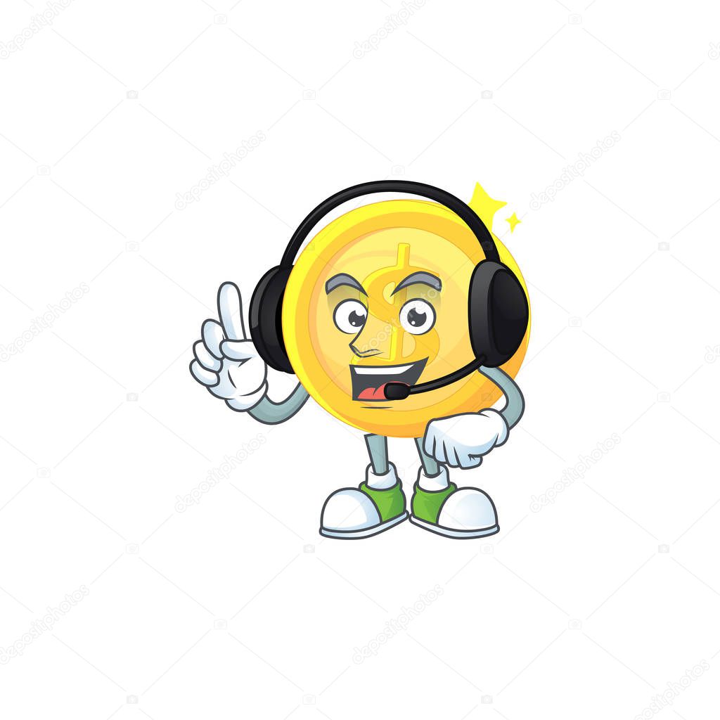 With headphone gold coin cartoon character mascot style