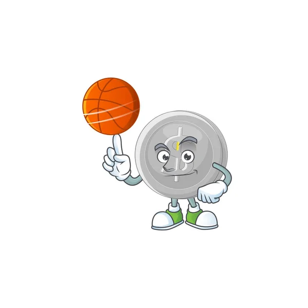 Com personagem de desenho animado de moeda de prata de basquete para moeda — Vetor de Stock