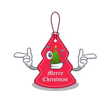 Göz kırpan noel etiketi maskot şeklinde asılı.