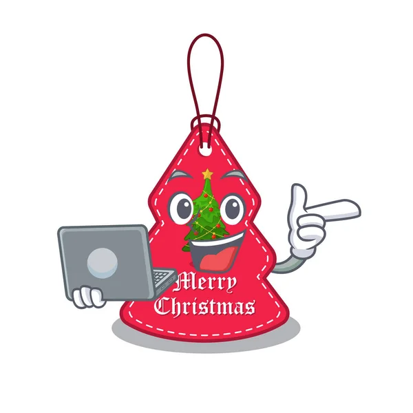 Avec ordinateur portable étiquette de Noël suspendu isolé avec bande dessinée — Image vectorielle