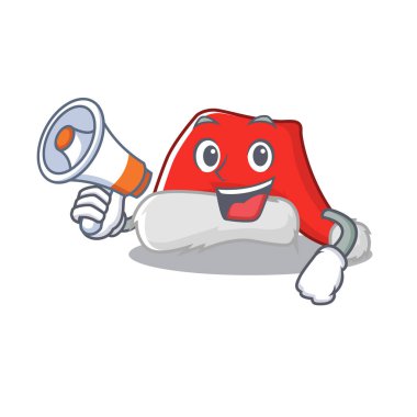 Maskotun içinde izole edilmiş megafon Noel Baba şapkasıyla