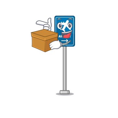 Karikatür duvarına kutu havalimanı tabelası yapıştırılmış.