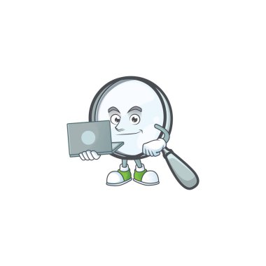 Dizüstü bilgisayar tasarımı büyütme cam çizgi film karakteri tarzıyla.