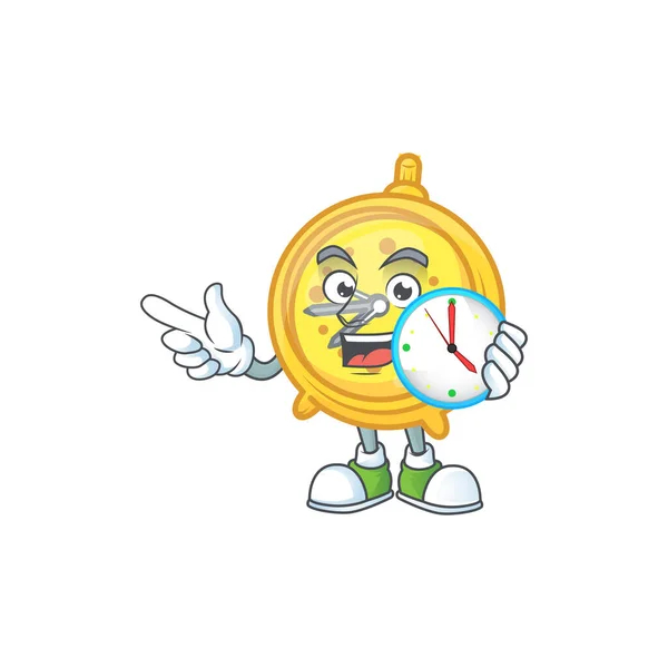 Met klok wekker cartoon karakter met mascotte — Stockvector