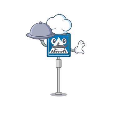 Maskotlu minyatür yaya geçidi tabelası olan bir aşçı.