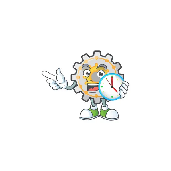 Met klok versnelling machine cartoon karakter met mascotte — Stockvector