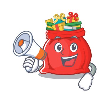 Bir karikatürde megafon Noel Baba çantası ile