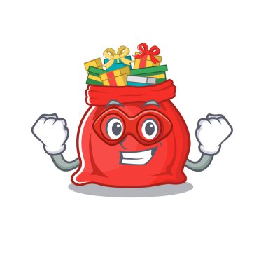 Süper kahraman Noel Baba çantası maskot ile izole edilmiş.