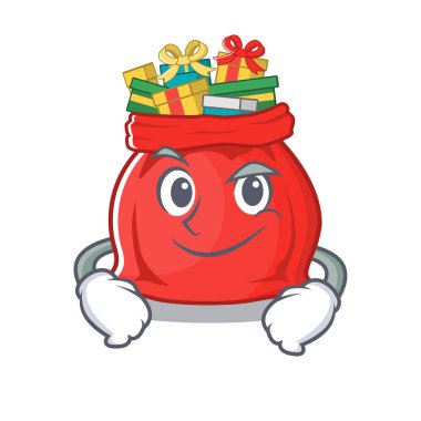 Sırıtan Noel Baba çantası maskotla izole edilmiş.