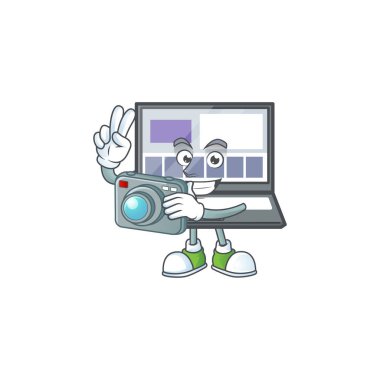 Beyaz arkaplanda fotoğraf dizüstü bilgisayar çizgi film maskotu.
