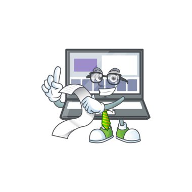 Beyaz arkaplanda dizüstü bilgisayar çizgi film maskotu.