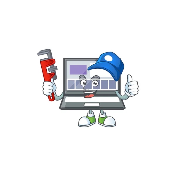 Plumber laptop cartoon character isolated the mascot. — Stock Vector