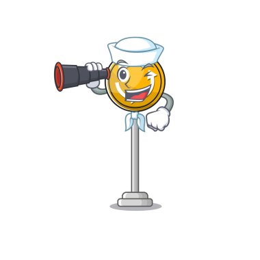 Dürbünlü bir denizci. Çizgi film şeklinde ve maskotlu.